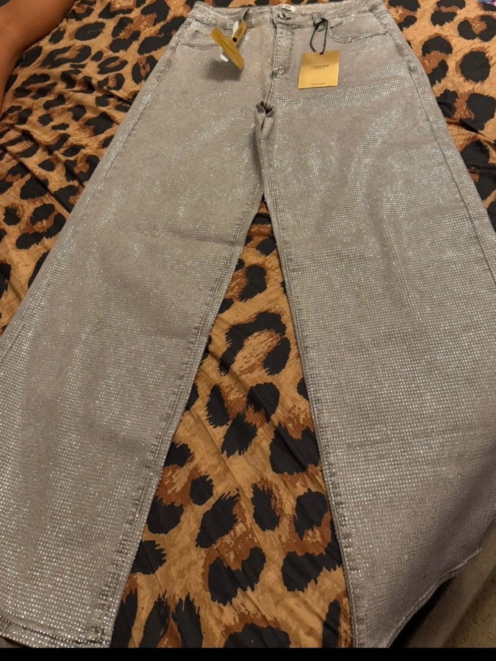 Embellished Silver Wide-Leg Jeans — Sparkle Flare